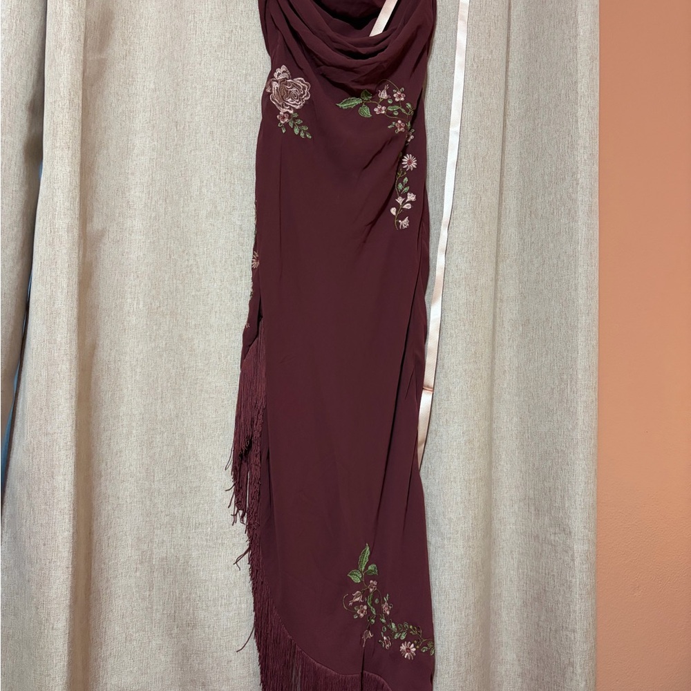 House of CB Burgundy Asymmetrical Dress with Floral Design-Eloisa - Picture 3 of 5